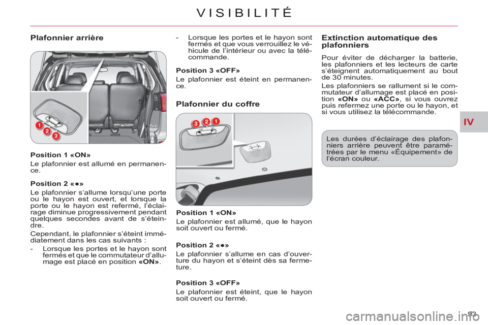 CITROEN C-CROSSER 2012 Notices Demploi (in French) IV
VISIBILITÉ
93
Position 1 «ON»
Le plafonnier est allumé en permanen-
ce.
Position 2 «●»
Le plafonnier s’allume lorsqu’une porte
ou le hayon est ouvert, et lorsque la
p CITROEN C-CROSSER 2012 Notices Demploi (in French) IV
VISIBILITÉ
93
Position 1 «ON»
Le plafonnier est allumé en permanen-
ce.
Position 2 «●»
Le plafonnier s’allume lorsqu’une porte
ou le hayon est ouvert, et lorsque la
p
