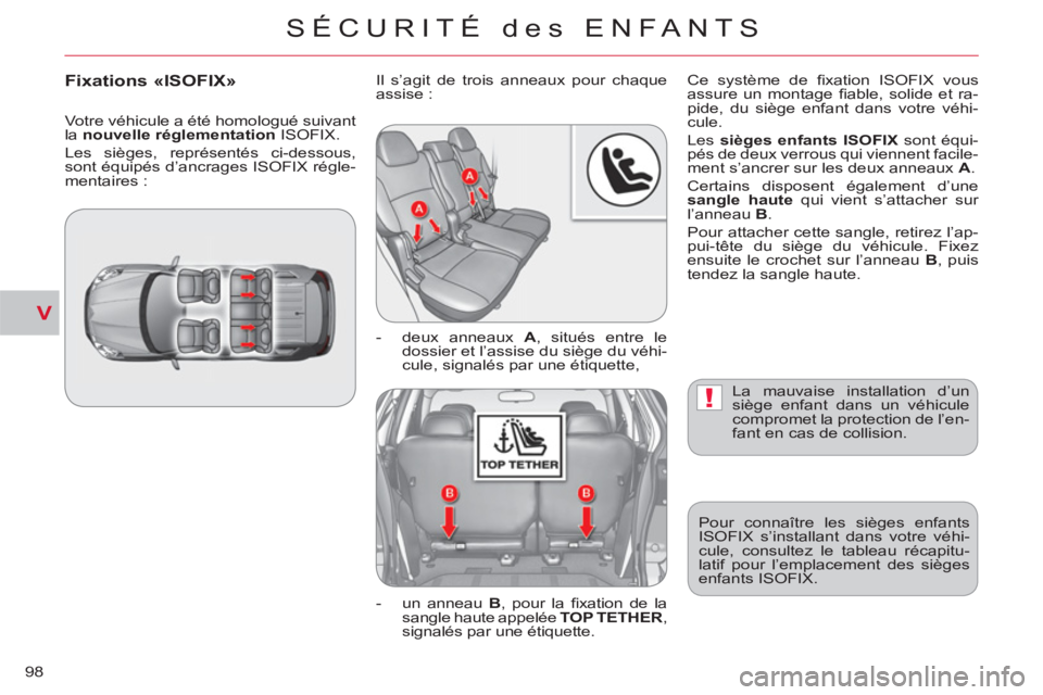 CITROEN C-CROSSER 2012 Notices Demploi (in French) V
!
SÉCURITÉ des ENFANTS
98
La mauvaise installation d’un
siège enfant dans un véhicule
compromet la protection de l’en-
fant en cas de collision.
Pour connaître les sièges enfants
I CITROEN C-CROSSER 2012 Notices Demploi (in French) V
!
SÉCURITÉ des ENFANTS
98
La mauvaise installation d’un
siège enfant dans un véhicule
compromet la protection de l’en-
fant en cas de collision.
Pour connaître les sièges enfants
I