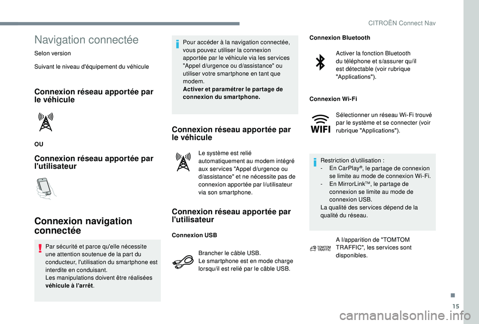CITROEN C-ELYSÉE 2022 Notices Demploi (in French) 15
Navigation connectée
Selon version
Suivant le niveau d'équipement du véhicule
Connexion réseau apportée par
le véhicule
OU
Connexion réseau apportée par
l'utilisateur
Connexion na CITROEN C-ELYSÉE 2022 Notices Demploi (in French) 15
Navigation connectée
Selon version
Suivant le niveau d'équipement du véhicule
Connexion réseau apportée par
le véhicule
OU
Connexion réseau apportée par
l'utilisateur
Connexion na