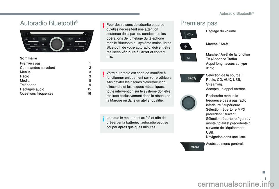 CITROEN C-ELYSÉE 2018 Notices Demploi (in French) 1
VOL+
TA
Autoradio Bluetooth®
Sommaire
Premiers pas
1
C
ommandes au volant
2
M
enus
3
R
adio
3
M
edia
5
T
éléphone
9
R
églages audio
1
5
Questions fréquentes
1
6Po CITROEN C-ELYSÉE 2018 Notices Demploi (in French) 1
VOL+
TA
Autoradio Bluetooth®
Sommaire
Premiers pas
1
C
ommandes au volant
2
M
enus
3
R
adio
3
M
edia
5
T
éléphone
9
R
églages audio
1
5
Questions fréquentes
1
6Po