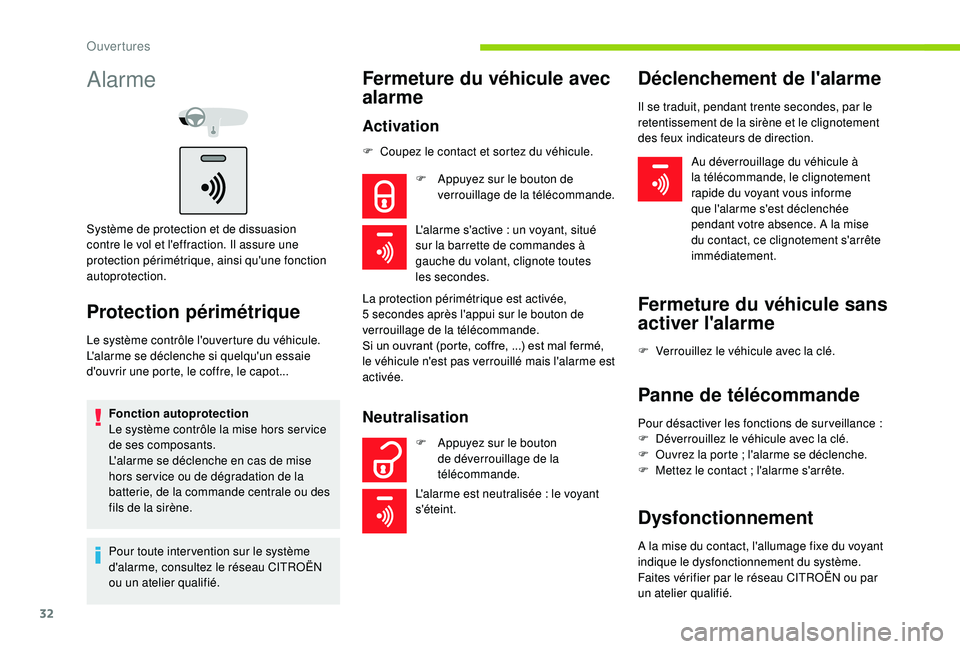 CITROEN C-ELYSÉE 2022  Notices Demploi (in French) 32
Alarme
Système de protection et de dissuasion 
contre le vol et l'effraction. Il assure une 
protection périmétrique, ainsi qu'une fonction 
autoprotection.
Protection périmétrique
Le 