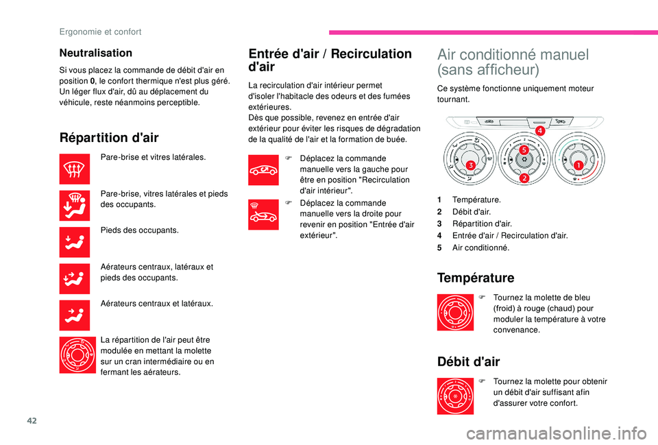 CITROEN C-ELYSÉE 2018 Notices Demploi (in French) 42
Neutralisation
Si vous placez la commande de débit d'air en
position 0, le confort thermique n'est plus géré.
Un léger flux d'air, dû au déplacement du
véhicule, reste néanmoi CITROEN C-ELYSÉE 2018 Notices Demploi (in French) 42
Neutralisation
Si vous placez la commande de débit d'air en
position 0, le confort thermique n'est plus géré.
Un léger flux d'air, dû au déplacement du
véhicule, reste néanmoi