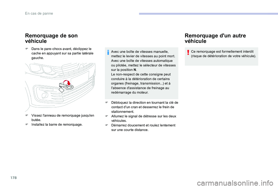 CITROEN C-ELYSÉE 2017 Notices Demploi (in French) 178
Remorquage de son
véhicule
F Dans le pare-chocs avant, déclippez le cache en appuyant sur sa partie latérale
gauche.
F
V
issez l'anneau de remorquage jusqu'en
butée.
F
I
nstal CITROEN C-ELYSÉE 2017 Notices Demploi (in French) 178
Remorquage de son
véhicule
F Dans le pare-chocs avant, déclippez le cache en appuyant sur sa partie latérale
gauche.
F
V
issez l'anneau de remorquage jusqu'en
butée.
F
I
nstal