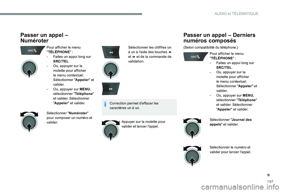 CITROEN C-ELYSÉE 2017 Notices Demploi (in French) 197
Passer un appel –
Numéroter
Pour afficher le menu
"TÉLÉPHONE "
:
-
F
aites un appui long sur
SRC/TEL .
-
O
u, appuyer sur la
molette pour afficher
le menu contextuel.
S CITROEN C-ELYSÉE 2017 Notices Demploi (in French) 197
Passer un appel –
Numéroter
Pour afficher le menu
"TÉLÉPHONE "
:
-
F
aites un appui long sur
SRC/TEL .
-
O
u, appuyer sur la
molette pour afficher
le menu contextuel.
S