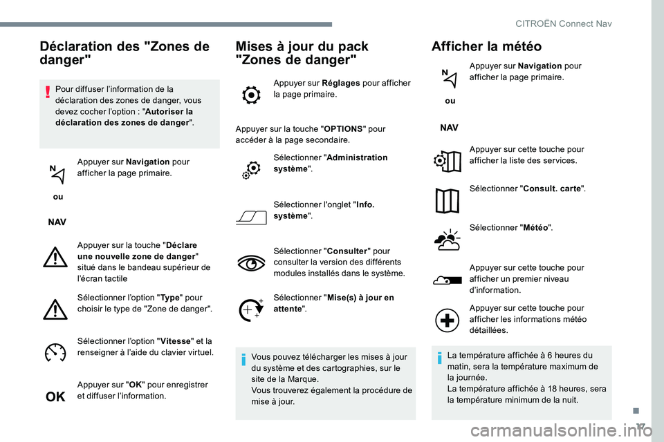 CITROEN C-ELYSÉE 2017 Notices Demploi (in French) 17
Pour diffuser l’information de la
déclaration des zones de danger, vous
devez cocher l’option : "Autoriser la
déclaration des zones de danger ".
ou Appuyer sur Navigation
pour
CITROEN C-ELYSÉE 2017 Notices Demploi (in French) 17
Pour diffuser l’information de la
déclaration des zones de danger, vous
devez cocher l’option : "Autoriser la
déclaration des zones de danger ".
ou Appuyer sur Navigation
pour