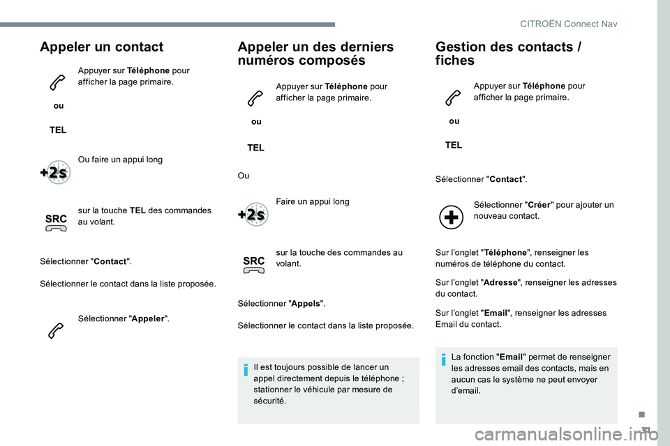 CITROEN C-ELYSÉE 2017 Notices Demploi (in French) 31
Appeler un contact
ou Appuyer sur Téléphone
pour
afficher la page primaire.
Ou faire un appui long
sur la touche TEL des commandes
au volant.
Sélectionner " Contact".
Sélectionner CITROEN C-ELYSÉE 2017 Notices Demploi (in French) 31
Appeler un contact
ou Appuyer sur Téléphone
pour
afficher la page primaire.
Ou faire un appui long
sur la touche TEL des commandes
au volant.
Sélectionner " Contact".
Sélectionner