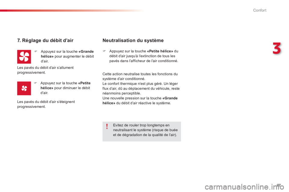 CITROEN C-ELYSÉE 2014  Notices Demploi (in French) 67
3
Confort
   
7.  R églage du débit d’air 
�) 
 Appuyez sur la touche «Grande
hélice»pour augmenter le débitd’air.
�)   Appuyez sur la touche  «Petite 
hélice»pour diminuer le débitd