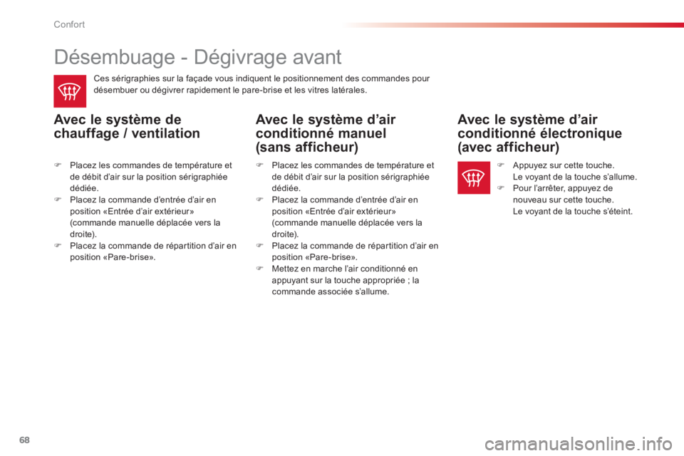 CITROEN C-ELYSÉE 2014  Notices Demploi (in French) 68
Confort
   
 
 
 
 
 
Désembuage - Dégivrage avant 
 
 
Ces sérigraphies sur la façade vous indiquent le positionnement des commandes pour 
désembuer ou dégivrer rapidement le pare-brise et l