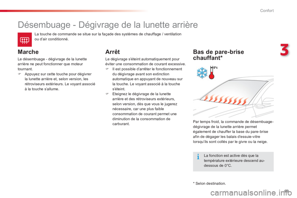 CITROEN C-ELYSÉE 2014  Notices Demploi (in French) 69
3
Confort
   
 
 
 
 
 
 
 
 
 
 
 
Désembuage - Dégivrage de la lunette arrière 
La touche de commande se situe sur la façade des systèmes de chauffage / ventilationou d’air conditionné. 
