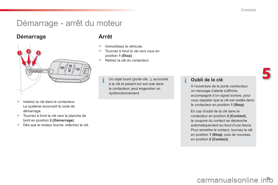 CITROEN C-ELYSÉE 2014  Notices Demploi (in French) 75
5
Conduite
   
 
 
 
 
 
Démarrage - arrêt du moteur 
�)Insérez la clé dans le contacteur.
   Le système reconnaît le code de 
démarrage. �)Tournez à fond la clé vers la planche de 
bord e