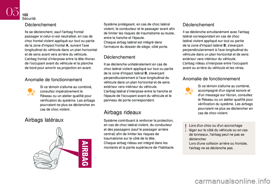 CITROEN DS3 2018  Notices Demploi (in French) 102
Déclenchement
Ils se déclenchent, sauf l'airbag frontal 
passager si celui-ci est neutralisé, en cas de 
choc frontal violent appliqué sur tout ou partie 
de la zone d'impact frontal A