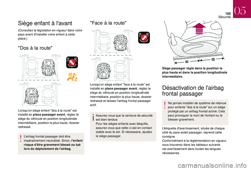 CITROEN DS3 2018  Notices Demploi (in French) 105
Siège enfant à l'avant
(Consultez la législation en vigueur dans votre 
pays avant d'installer votre enfant à cette 
p l a c e .)
"Dos à la route"
Lorsqu'un siège enfant 