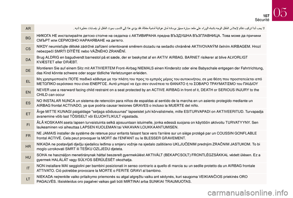 CITROEN DS3 2018  Notices Demploi (in French) 107
AR
BG НИКОГА
	 НЕ 	 инсталирайте 	 детско 	 столче 	 на 	 седалка 	 с 	 АКТИВИРАНА 	 предна 	 ВЪЗДУШНА 	 ВЪЗГЛАВНИЦА. 	