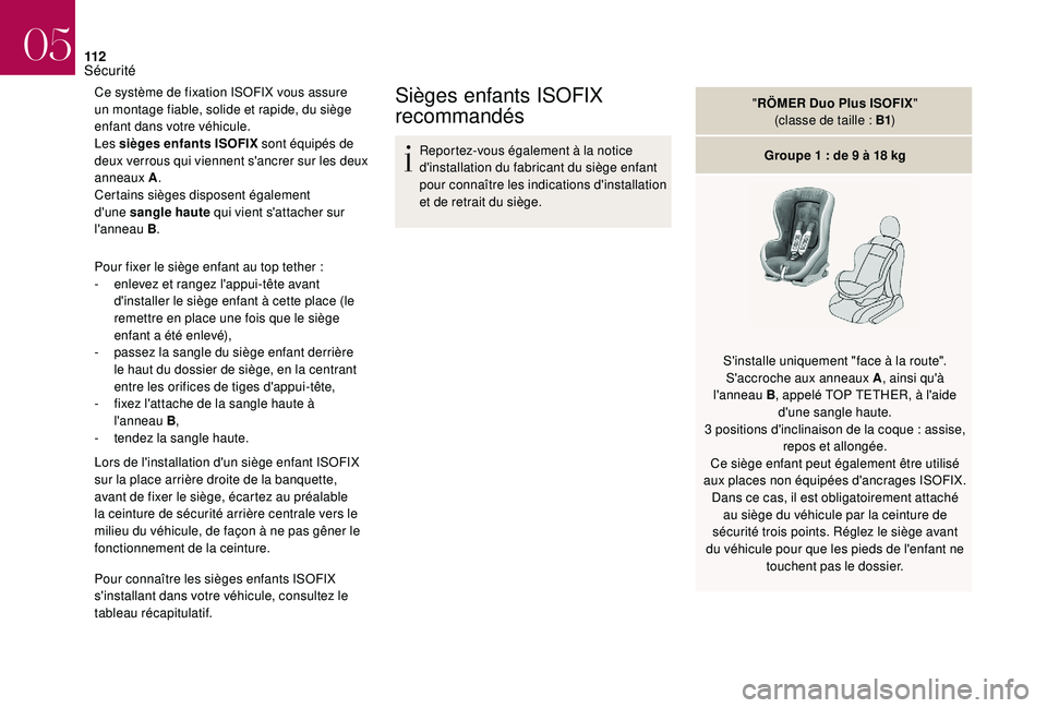 CITROEN DS3 2018  Notices Demploi (in French) 11 2
Ce système de fixation ISOFIX vous assure 
un montage fiable, solide et rapide, du siège 
enfant dans votre véhicule.
Les sièges enfants ISOFIX sont équipés de 
deux verrous qui viennent s&