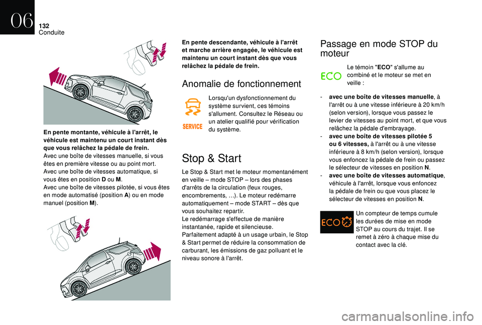 CITROEN DS3 2018  Notices Demploi (in French) 132
Anomalie de fonctionnement
Lorsqu'un dysfonctionnement du 
système sur vient, ces témoins 
s'allument. Consultez le Réseau ou 
un atelier qualifié pour vérification 
du système.
Stop