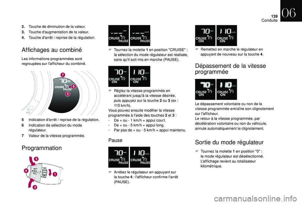 CITROEN DS3 2018  Notices Demploi (in French) 139
2.Touche de diminution de la valeur.
3. Touche d'augmentation de la valeur.
4. Touche d'arrêt
  / reprise de la régulation.
Affichages au combiné
Les informations programmées sont 
reg