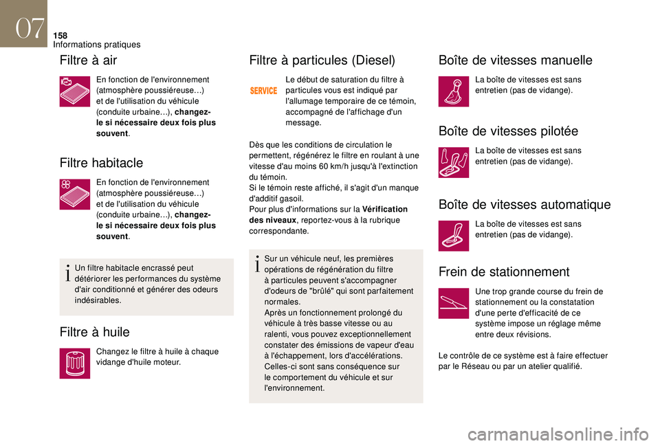 CITROEN DS3 2018  Notices Demploi (in French) 158
Filtre à air
En fonction de l'environnement 
(atmosphère poussiéreuse…) 
et de l'utilisation du véhicule 
(conduite urbaine…), changez-
le si nécessaire deux fois plus 
souvent.
F