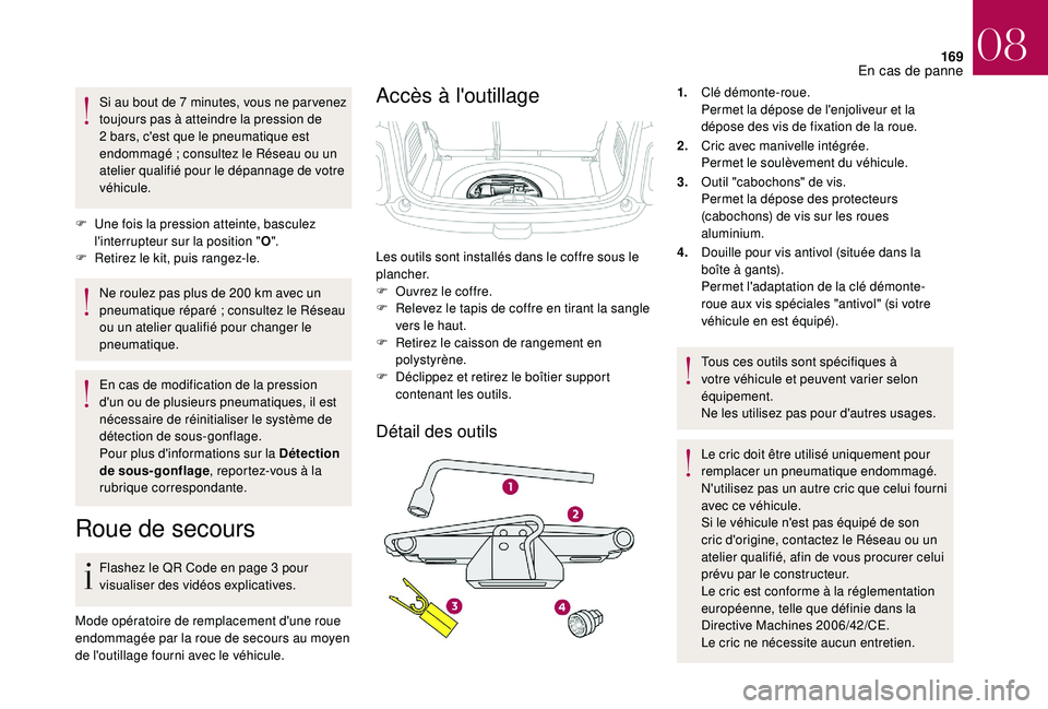 CITROEN DS3 2018 Notices Demploi (in French) 169
Si au bout de 7 minutes, vous ne par venez
t oujours pas à atteindre la pression de
2
bars, c'est que le pneumatique est
endommagé
; consultez le Réseau ou un
atelier qualifié pour CITROEN DS3 2018 Notices Demploi (in French) 169
Si au bout de 7 minutes, vous ne par venez
t oujours pas à atteindre la pression de
2
bars, c'est que le pneumatique est
endommagé
; consultez le Réseau ou un
atelier qualifié pour