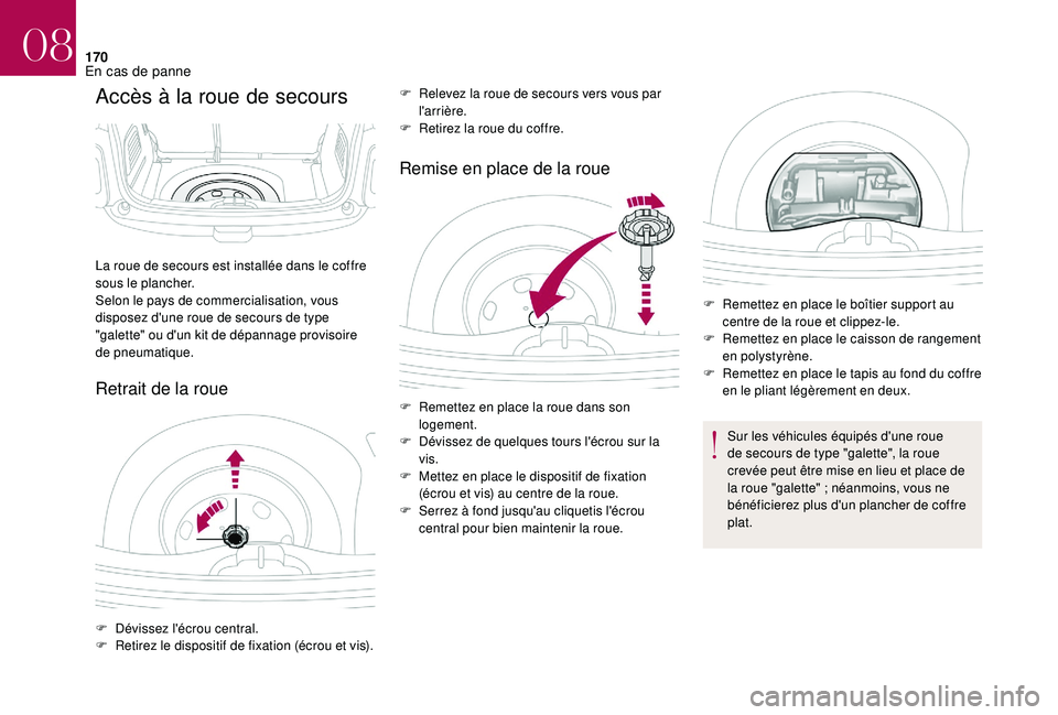 CITROEN DS3 2018 Notices Demploi (in French) 170
Accès à la roue de secours
Retrait de la roueRemise en place de la roue
La roue de secours est installée dans le coffre
sous le plancher.
Selon le pays de commercialisation, vous
disposez d CITROEN DS3 2018 Notices Demploi (in French) 170
Accès à la roue de secours
Retrait de la roueRemise en place de la roue
La roue de secours est installée dans le coffre
sous le plancher.
Selon le pays de commercialisation, vous
disposez d