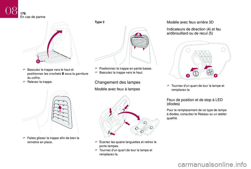CITROEN DS3 2018 Notices Demploi (in French) 178
Ty p e 2
Changement des lampes
Modèle avec feux à lampesModèle avec feux arrière 3D
Indicateurs de direction (4) et feu
antibrouillard ou de recul (5)
Feux de position et de stop à LED
(d CITROEN DS3 2018 Notices Demploi (in French) 178
Ty p e 2
Changement des lampes
Modèle avec feux à lampesModèle avec feux arrière 3D
Indicateurs de direction (4) et feu
antibrouillard ou de recul (5)
Feux de position et de stop à LED
(d