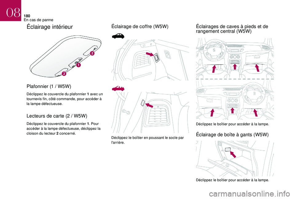 CITROEN DS3 2018 Notices Demploi (in French) 180
Éclairage intérieur
Plafonnier (1 / W5W)
Déclippez le couvercle du plafonnier 1 avec un
tournevis fin, côté commande, pour accéder à
la lampe défectueuse.
Lecteurs de carte (2 / W5W)
Dé CITROEN DS3 2018 Notices Demploi (in French) 180
Éclairage intérieur
Plafonnier (1 / W5W)
Déclippez le couvercle du plafonnier 1 avec un
tournevis fin, côté commande, pour accéder à
la lampe défectueuse.
Lecteurs de carte (2 / W5W)
Dé
