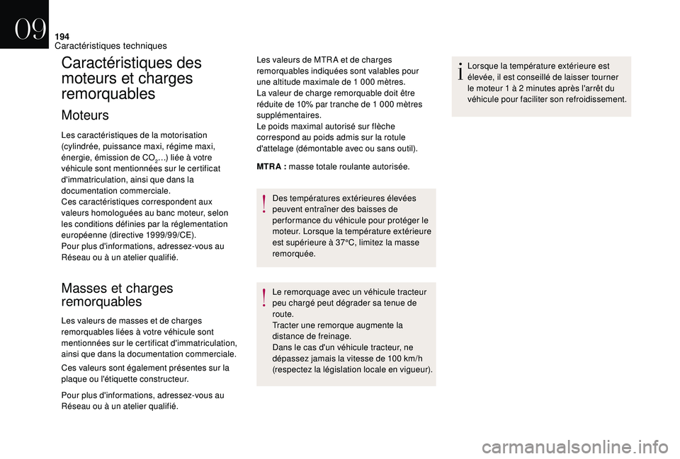 CITROEN DS3 2018 Notices Demploi (in French) 194
Caractéristiques des
moteurs et charges
remorquables
Moteurs
Les caractéristiques de la motorisation
(cylindrée, puissance maxi, régime maxi,
énergie, émission de CO
2…) liée à votre CITROEN DS3 2018 Notices Demploi (in French) 194
Caractéristiques des
moteurs et charges
remorquables
Moteurs
Les caractéristiques de la motorisation
(cylindrée, puissance maxi, régime maxi,
énergie, émission de CO
2…) liée à votre
