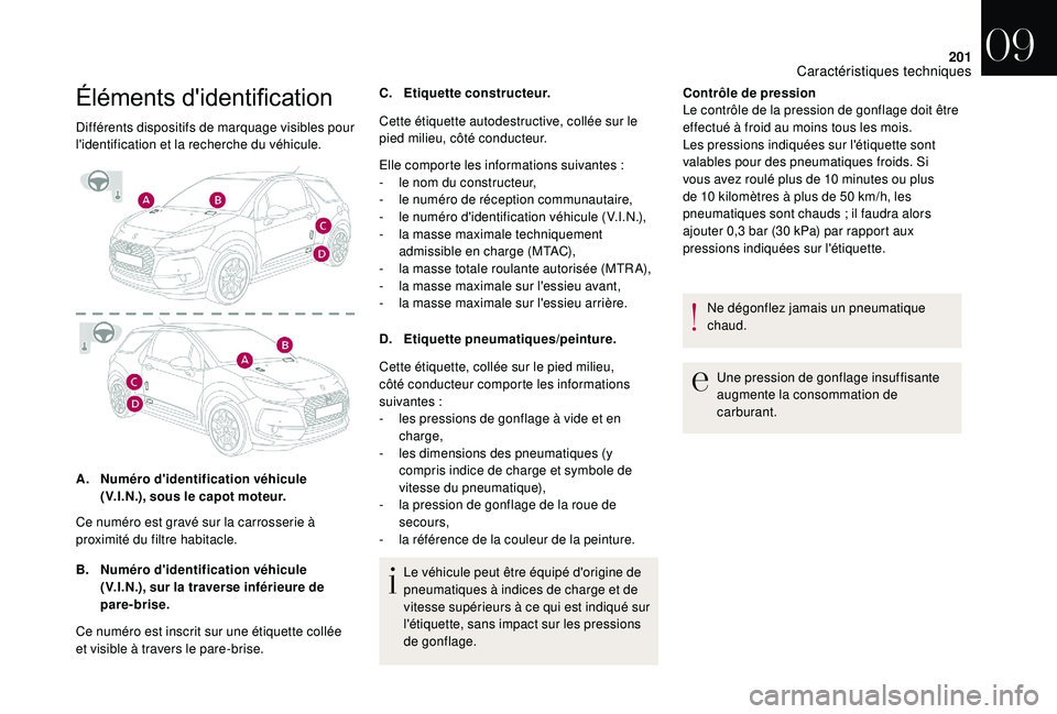 CITROEN DS3 2018  Notices Demploi (in French) 201
Éléments	d'identification
Différents dispositifs de marquage visibles pour 
l'identification et la recherche du véhicule.
A.Numéro d'identification véhicule 
(V.I.N.), sous le ca