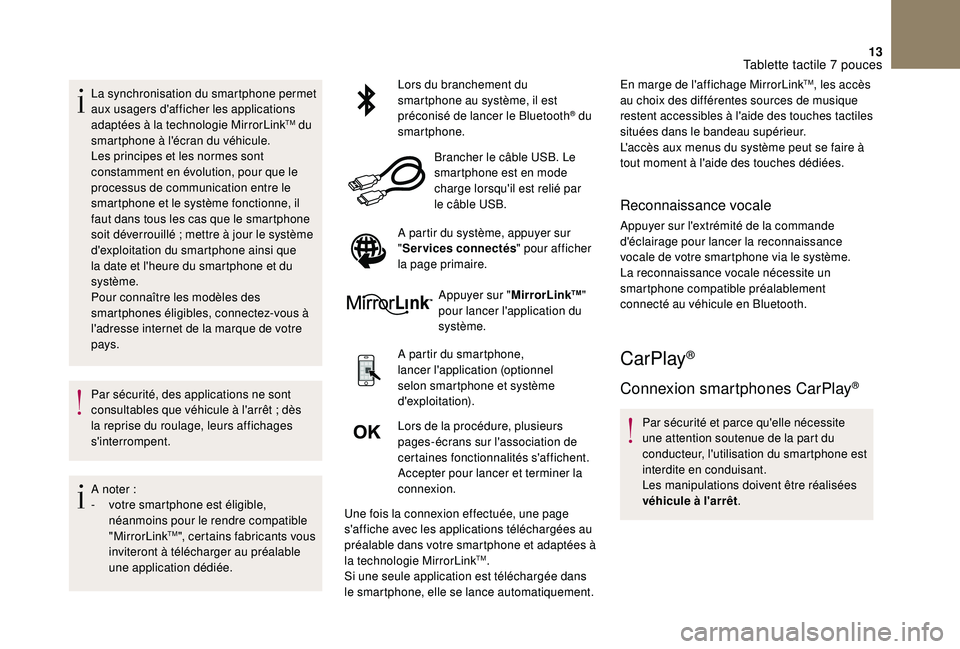 CITROEN DS3 2018  Notices Demploi (in French) 13
La synchronisation du smartphone permet 
aux usagers d'afficher les applications 
adaptées à la technologie MirrorLink
TM du 
smartphone à l'écran du véhicule.
Les principes et les nor