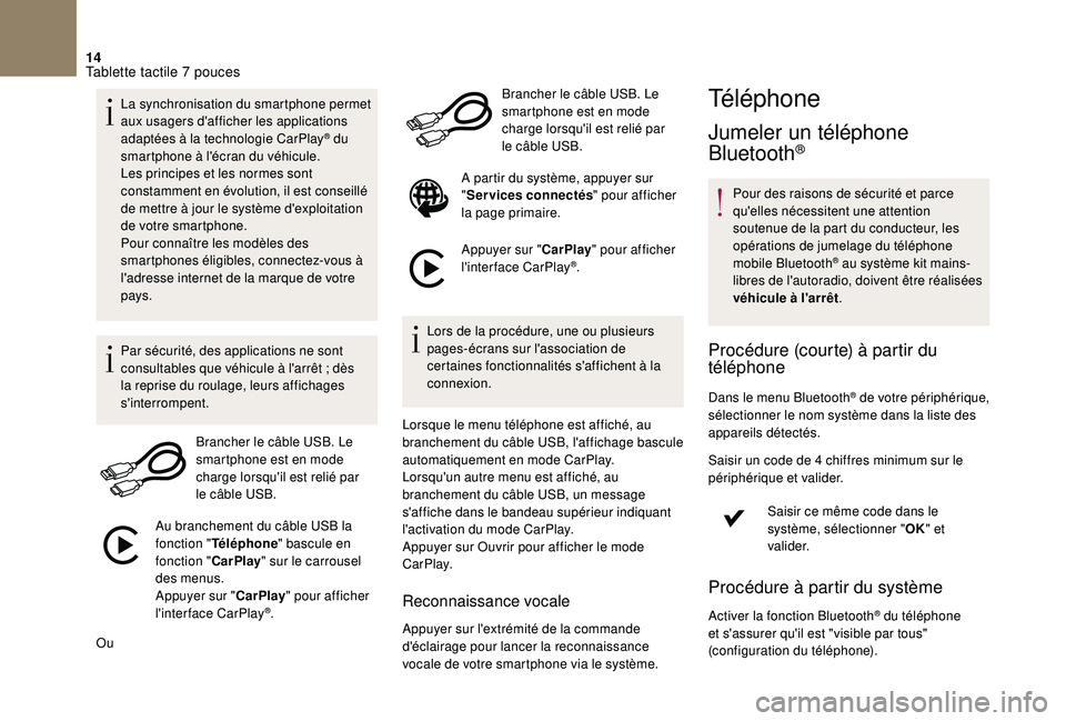 CITROEN DS3 2018  Notices Demploi (in French) 14
La synchronisation du smartphone permet 
aux usagers d'afficher les applications 
adaptées à la technologie CarPlay
® du 
smartphone à l'écran du véhicule.
Les principes et les normes