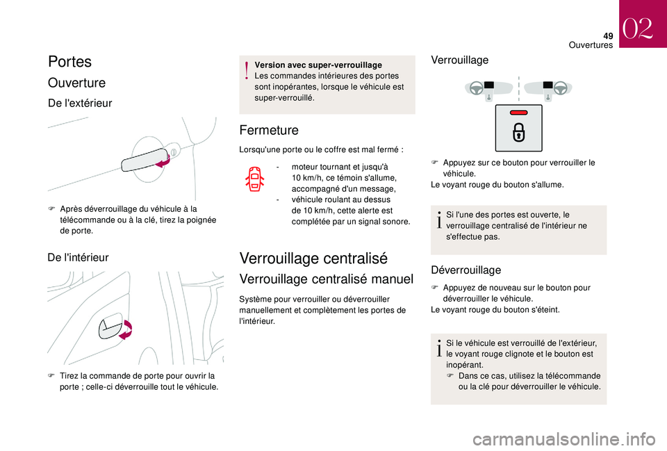 CITROEN DS3 2018 Notices Demploi (in French) 49
Portes
Ouverture
De l'extérieur
F Après déverrouillage du véhicule à la télécommande ou à la clé, tirez la poignée
de porte.
De l'intérieur
F Tirez la commande de porte pour ouv CITROEN DS3 2018 Notices Demploi (in French) 49
Portes
Ouverture
De l'extérieur
F Après déverrouillage du véhicule à la télécommande ou à la clé, tirez la poignée
de porte.
De l'intérieur
F Tirez la commande de porte pour ouv