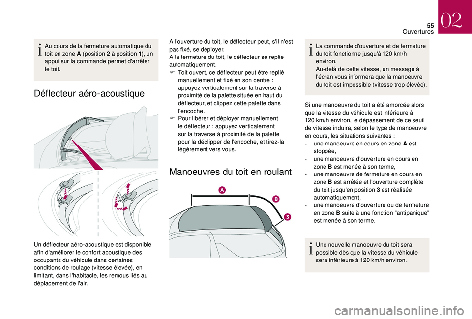 CITROEN DS3 2018 Notices Demploi (in French) 55
Au cours de la fermeture automatique du
toit en zone A (position 2 à position 1), un
appui sur la commande permet d'arrêter
le toit.
Déflecteur aéro-acoustique
Un déflecteur aéro-acous CITROEN DS3 2018 Notices Demploi (in French) 55
Au cours de la fermeture automatique du
toit en zone A (position 2 à position 1), un
appui sur la commande permet d'arrêter
le toit.
Déflecteur aéro-acoustique
Un déflecteur aéro-acous