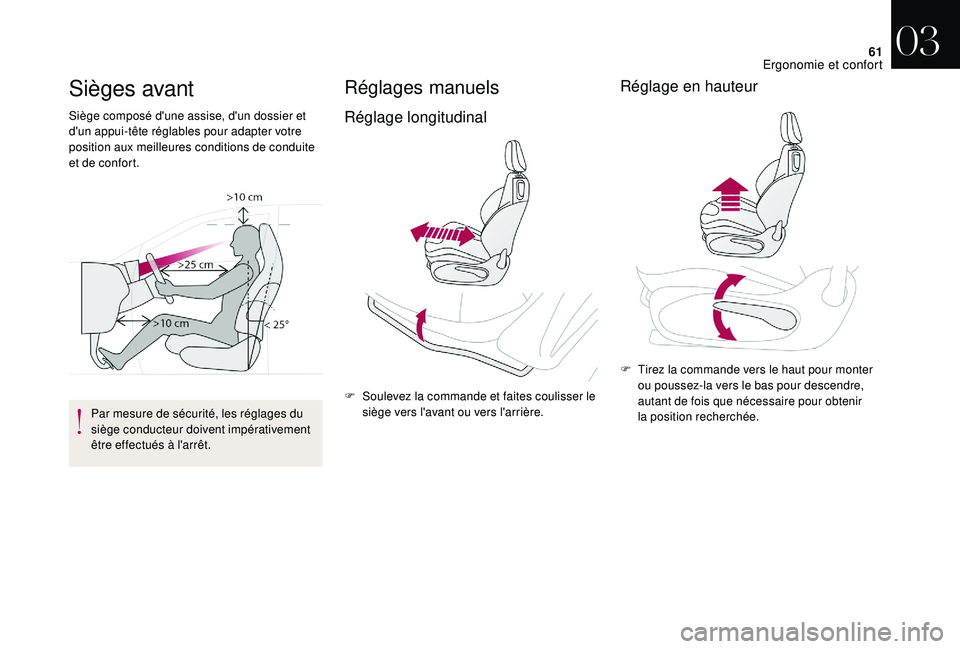 CITROEN DS3 2018  Notices Demploi (in French) 61
Sièges avant
Siège composé d'une assise, d'un dossier et 
d'un appui-tête réglables pour adapter votre 
position aux meilleures conditions de conduite 
et de confort.Par mesure de 
