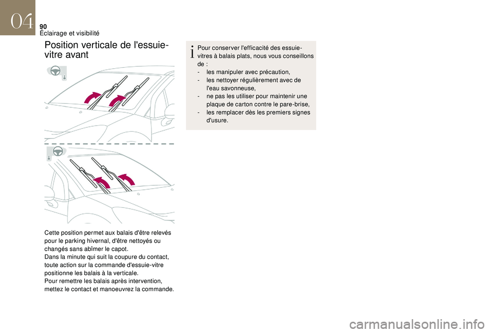 CITROEN DS3 2018 Notices Demploi (in French) 90
Position verticale de l'essuie-
vitre avant
Cette position permet aux balais d'être relevés
pour le parking hivernal, d'être nettoyés ou
changés sans abîmer le capot.
Dans la m CITROEN DS3 2018 Notices Demploi (in French) 90
Position verticale de l'essuie-
vitre avant
Cette position permet aux balais d'être relevés
pour le parking hivernal, d'être nettoyés ou
changés sans abîmer le capot.
Dans la m
