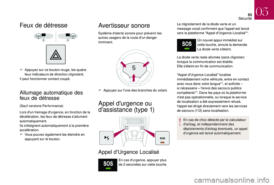 CITROEN DS3 2018 Notices Demploi (in French) 93
Feux de détresse
F Appuyez sur ce bouton rouge, les quatre feux indicateurs de direction clignotent.
Il peut fonctionner contact coupé.
Allumage automatique des
feux de détresse
(Sauf versions CITROEN DS3 2018 Notices Demploi (in French) 93
Feux de détresse
F Appuyez sur ce bouton rouge, les quatre feux indicateurs de direction clignotent.
Il peut fonctionner contact coupé.
Allumage automatique des
feux de détresse
(Sauf versions