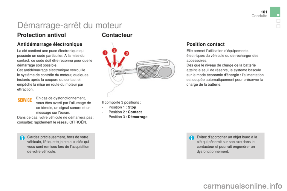 CITROEN DS3 2017 Notices Demploi (in French) 101
Protection antivol
Antidémarrage électronique
La clé contient une puce électronique qui
possède un code particulier. A la mise du
contact, ce code doit être reconnu pour que le
démarrage CITROEN DS3 2017 Notices Demploi (in French) 101
Protection antivol
Antidémarrage électronique
La clé contient une puce électronique qui
possède un code particulier. A la mise du
contact, ce code doit être reconnu pour que le
démarrage