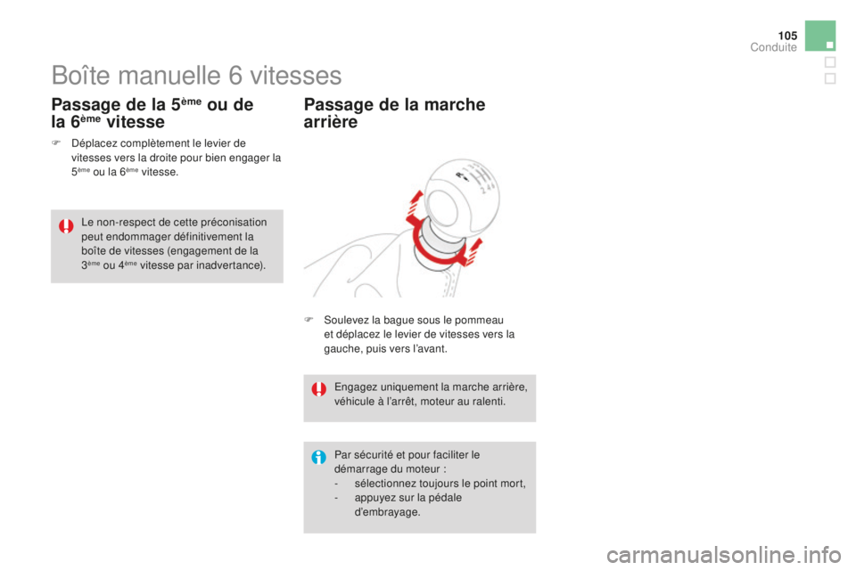 CITROEN DS3 2017 Notices Demploi (in French) 105
Boîte manuelle 6 vitesses
F Déplacez complètement le levier de vitesses vers la droite pour bien engager la
5
ème ou la 6ème vitesse.
Passage de la 5ème ou de
la 6ème vitesse
Par sécuri CITROEN DS3 2017 Notices Demploi (in French) 105
Boîte manuelle 6 vitesses
F Déplacez complètement le levier de vitesses vers la droite pour bien engager la
5
ème ou la 6ème vitesse.
Passage de la 5ème ou de
la 6ème vitesse
Par sécuri