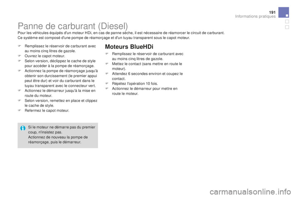 CITROEN DS3 2017 Notices Demploi (in French) 191
Panne de carburant (Diesel)Pour les véhicules équipés d'un moteur HDi, en cas de panne sèche, il est nécessaire de réamorcer le circuit de carburant.
Ce système est composé d'une p CITROEN DS3 2017 Notices Demploi (in French) 191
Panne de carburant (Diesel)Pour les véhicules équipés d'un moteur HDi, en cas de panne sèche, il est nécessaire de réamorcer le circuit de carburant.
Ce système est composé d'une p