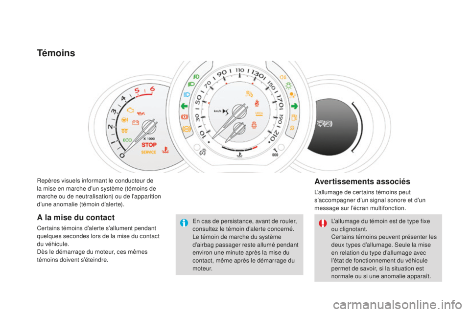 CITROEN DS3 2017  Notices Demploi (in French) Repères visuels informant le conducteur de 
la mise en marche d’un système (témoins de 
marche ou de neutralisation) ou de l’apparition 
d’une anomalie (témoin d’alerte).
Témoins
Avertiss