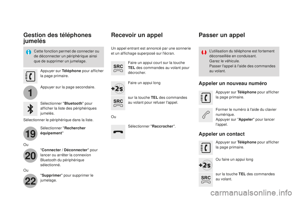 CITROEN DS3 2017 Notices Demploi (in French) 1
19
20
22
Gestion des téléphones
jumelés
Cette fonction permet de connecter ou
de déconnecter un périphérique ainsi
que de supprimer un jumelage.L'utilisation du téléphone est fortemen CITROEN DS3 2017 Notices Demploi (in French) 1
19
20
22
Gestion des téléphones
jumelés
Cette fonction permet de connecter ou
de déconnecter un périphérique ainsi
que de supprimer un jumelage.L'utilisation du téléphone est fortemen