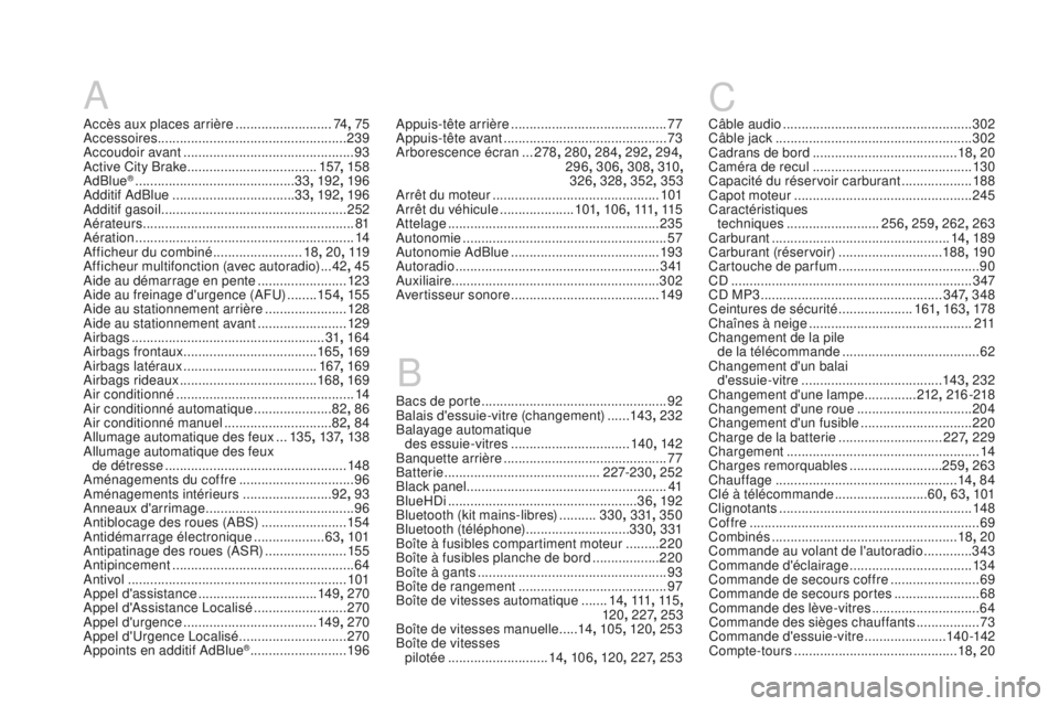CITROEN DS3 2017  Notices Demploi (in French) A
Accès aux places arrière ..........................74,  75
Accessoires ................................................... 239
Accoudoir avant
 

.............................................. 93
