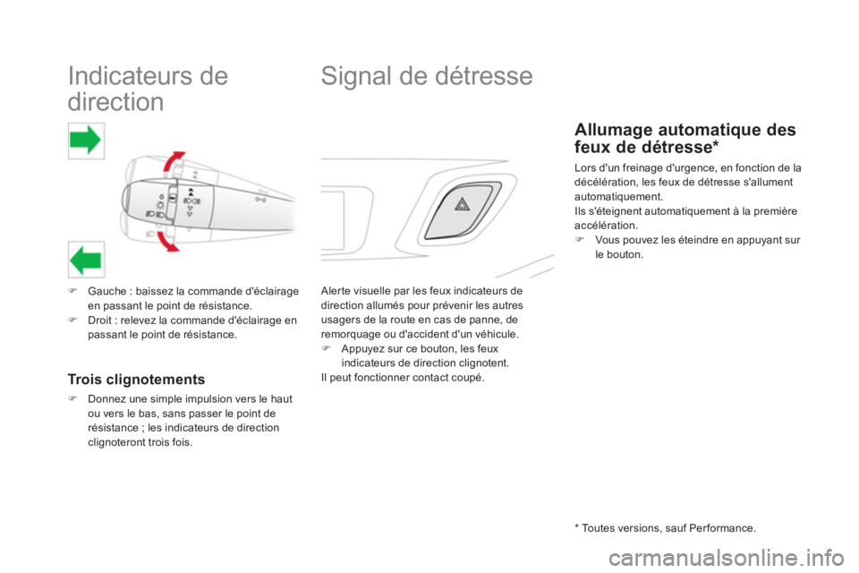 CITROEN DS3 2017  Notices Demploi (in French)    
 
 
 
 
 
 
 
Indicateurs de 
direction 
   
 
�) 
  Gauche : baissez la commande déclairage 
en passant le point de résistance. 
   
�) 
  Droit : relevez la commande déclairage en 
passant 
