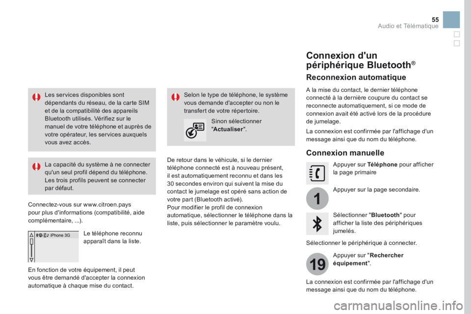 CITROEN DS3 2017 Notices Demploi (in French) 1
19
55
Les services disponibles sont
dépendants du réseau, de la carte SIM
et de la compatibilité des appareils
Bluetooth utilisés. Vérifiez sur le
manuel de votre téléphone et auprès de CITROEN DS3 2017 Notices Demploi (in French) 1
19
55
Les services disponibles sont
dépendants du réseau, de la carte SIM
et de la compatibilité des appareils
Bluetooth utilisés. Vérifiez sur le
manuel de votre téléphone et auprès de