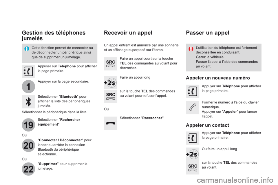 CITROEN DS3 2017 Notices Demploi (in French) 1
19
20
22
Gestion des téléphones
jumelés
Cette fonction permet de connecter ou
de déconnecter un périphérique ainsi
que de supprimer un jumelage.L'utilisation du téléphone est fortemen CITROEN DS3 2017 Notices Demploi (in French) 1
19
20
22
Gestion des téléphones
jumelés
Cette fonction permet de connecter ou
de déconnecter un périphérique ainsi
que de supprimer un jumelage.L'utilisation du téléphone est fortemen