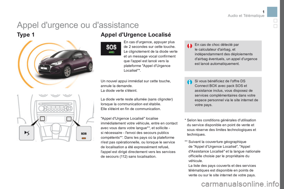 CITROEN DS3 2017 Notices Demploi (in French) 1
Appel d'urgence ou d'assistance
En cas d'urgence, appuyer plus
de 2 secondes sur cette touche.
Le clignotement de la diode verte
et un message vocal confirment
que l'appel est lan CITROEN DS3 2017 Notices Demploi (in French) 1
Appel d'urgence ou d'assistance
En cas d'urgence, appuyer plus
de 2 secondes sur cette touche.
Le clignotement de la diode verte
et un message vocal confirment
que l'appel est lan