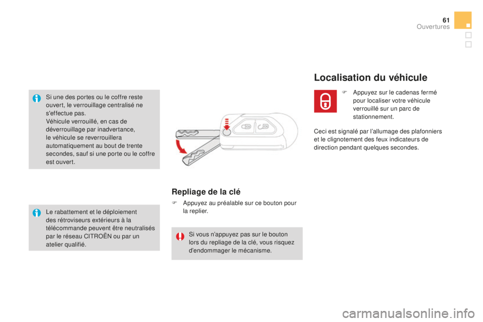 CITROEN DS3 2017  Notices Demploi (in French) 61
Si une des portes ou le coffre reste 
ouvert, le verrouillage centralisé ne 
s'effectue pas.
Véhicule verrouillé, en cas de 
déverrouillage par inadvertance, 
le véhicule se reverrouillera