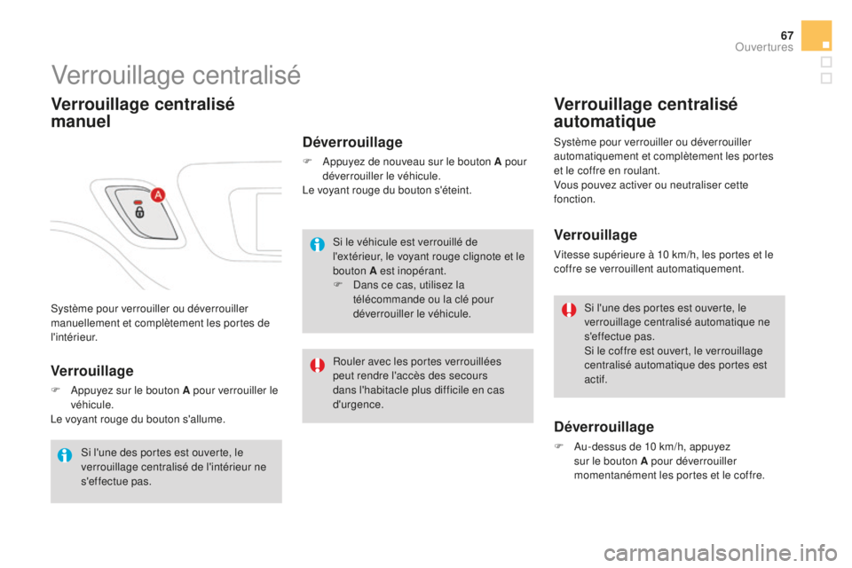 CITROEN DS3 2017  Notices Demploi (in French) 67
Système pour verrouiller ou déverrouiller 
manuellement et complètement les portes de 
l'intérieur.
Verrouillage centralisé
Verrouillage centralisé 
manuel
Déverrouillage
F Appuyez de no