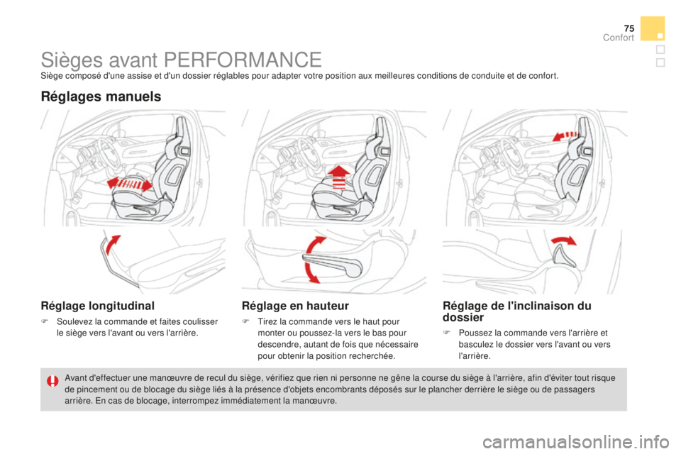 CITROEN DS3 2017 Notices Demploi (in French) 75
Sièges avant PERFORMANCESiège composé d'une assise et d'un dossier réglables pour adapter votre position aux meilleures conditions de conduite et de confort.
Réglages manuels
Réglage CITROEN DS3 2017 Notices Demploi (in French) 75
Sièges avant PERFORMANCESiège composé d'une assise et d'un dossier réglables pour adapter votre position aux meilleures conditions de conduite et de confort.
Réglages manuels
Réglage