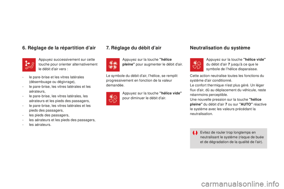 CITROEN DS3 2017 Notices Demploi (in French) 6. Réglage de la répartition d’air
Appuyez successivement sur cette
touche pour orienter alternativement
le débit d’air vers :
-
l
e pare-brise et les vitres latérales
(désembuage ou dà CITROEN DS3 2017 Notices Demploi (in French) 6. Réglage de la répartition d’air
Appuyez successivement sur cette
touche pour orienter alternativement
le débit d’air vers :
-
l
e pare-brise et les vitres latérales
(désembuage ou dÃ