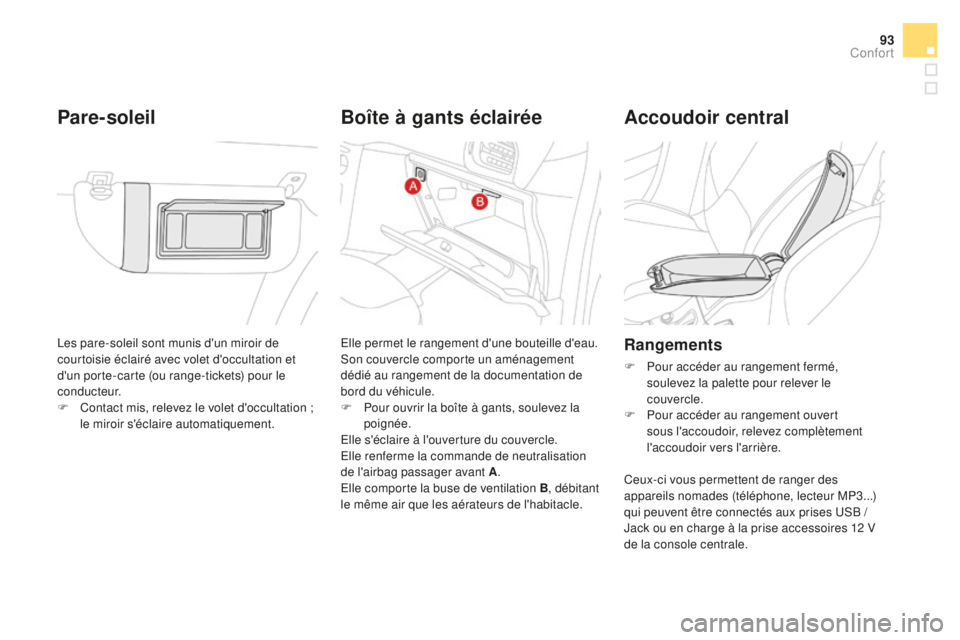 CITROEN DS3 2017  Notices Demploi (in French) 93
Les pare-soleil sont munis d'un miroir de 
courtoisie éclairé avec volet d'occultation et 
d'un porte-carte (ou range-tickets) pour le 
c o n d u c t e u r.
F 
C
 ontact mis, relevez 