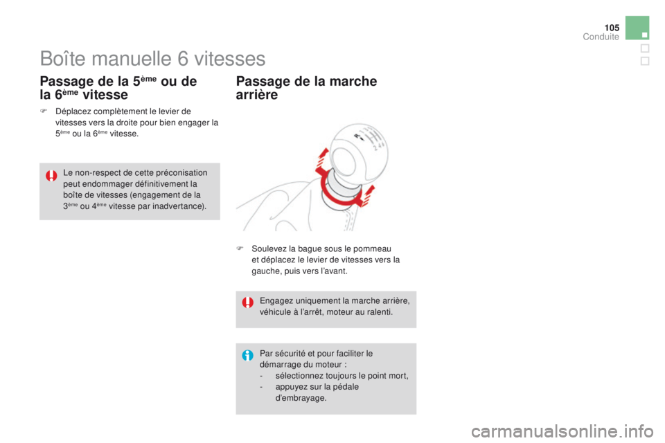CITROEN DS3 2016 Notices Demploi (in French) 105
Boîte manuelle 6 vitesses
F Déplacez complètement le levier de vitesses vers la droite pour bien engager la
5
ème ou la 6ème vitesse.
Passage de la 5ème ou de
la 6ème vitesse
Par sécuri CITROEN DS3 2016 Notices Demploi (in French) 105
Boîte manuelle 6 vitesses
F Déplacez complètement le levier de vitesses vers la droite pour bien engager la
5
ème ou la 6ème vitesse.
Passage de la 5ème ou de
la 6ème vitesse
Par sécuri